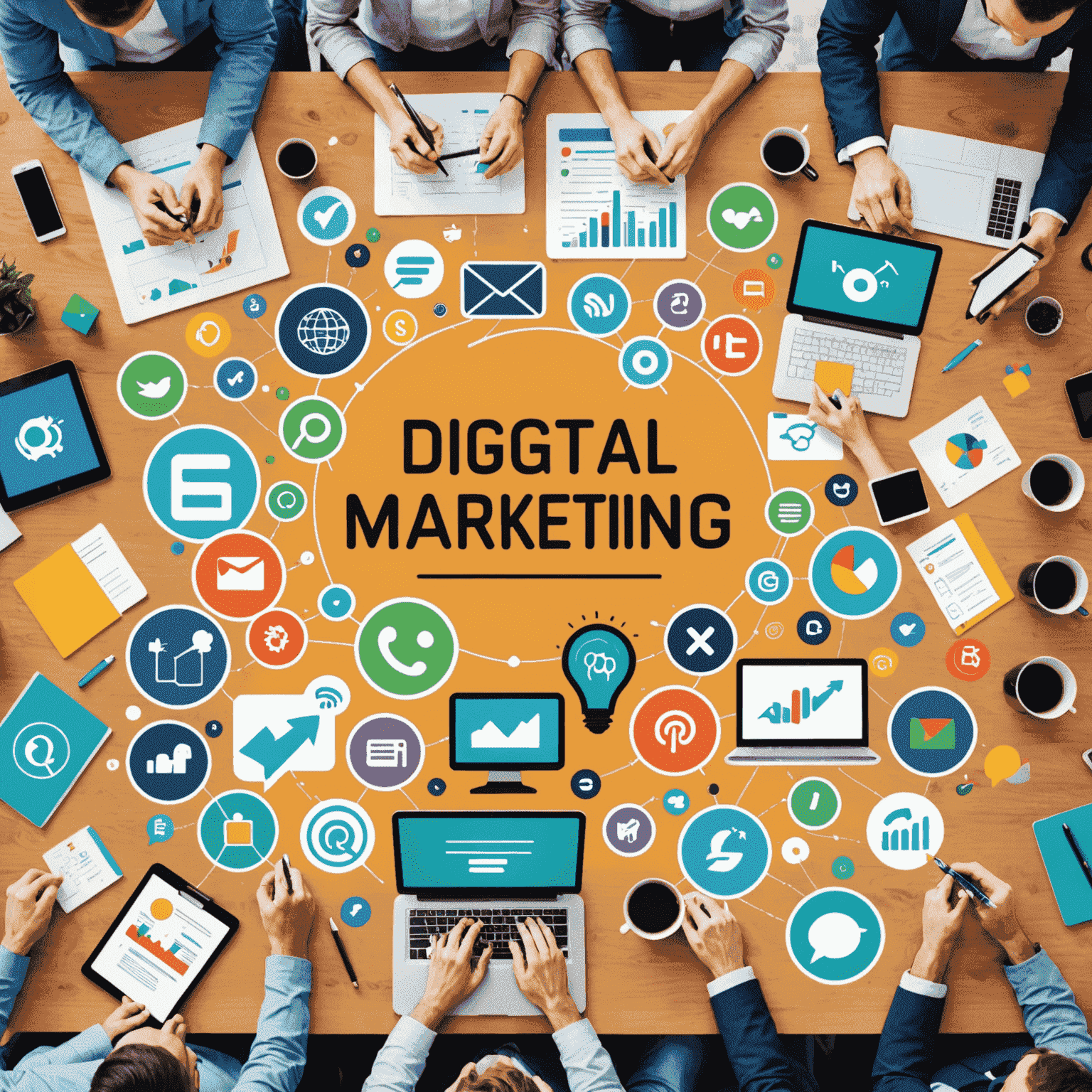 Imagen que muestra un collage de diferentes estrategias de marketing digital, incluyendo análisis de datos, redes sociales, email marketing, SEO y marketing de contenidos