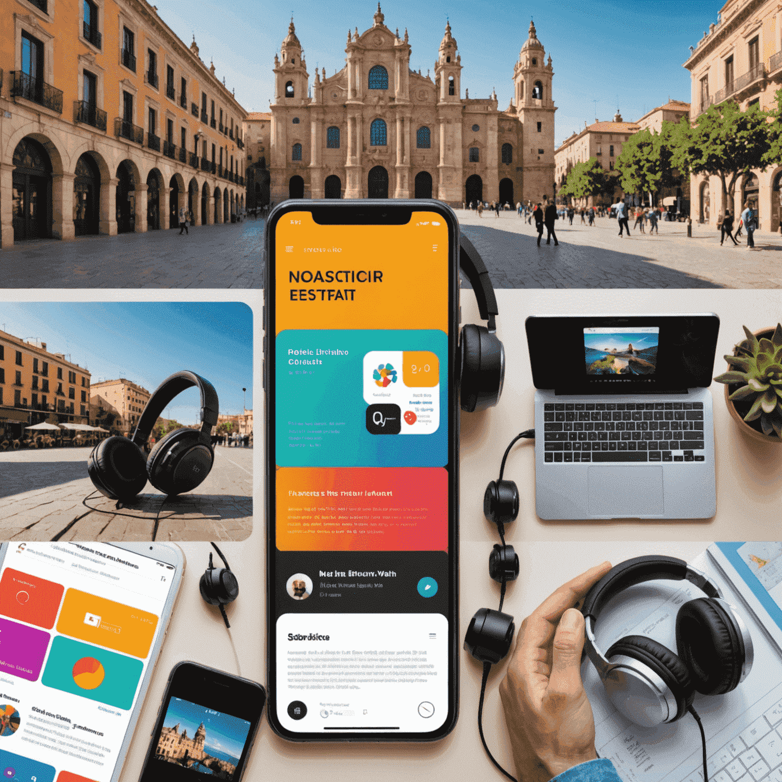 Collage de diferentes formatos de contenido populares en España: pantalla de móvil mostrando un video corto, auriculares representando podcasts, una infografía colorida y una pantalla de ordenador con un blog interactivo
