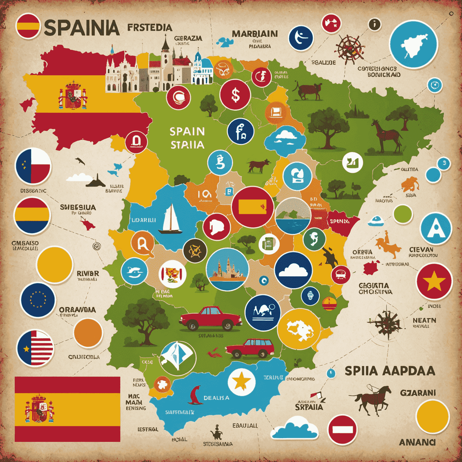 Imagen que muestra un mapa de España con iconos de marketing digital superpuestos, representando oportunidades en diferentes regiones